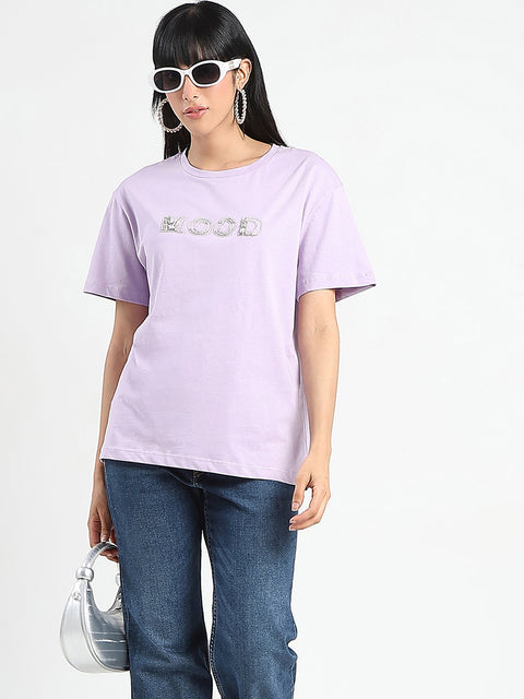 Madame Embellished Typography Lilac Cotton T-Shirt
