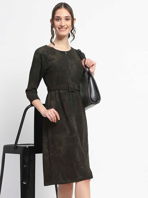 Madame Front Zip Detailed Printed Olive Midi Dress