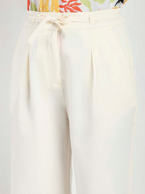 Madame Drawstring Waist Straight Fit Ivory Trousers