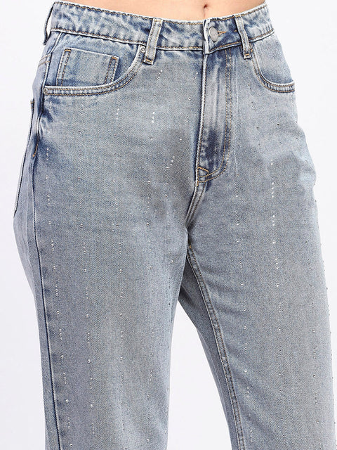 Madame Light Wash Embellished Light Blue Cotton Denim