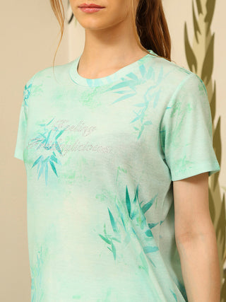 mSECRET Graphic Print Top and Straight Bottom Mint Green Nightsuit