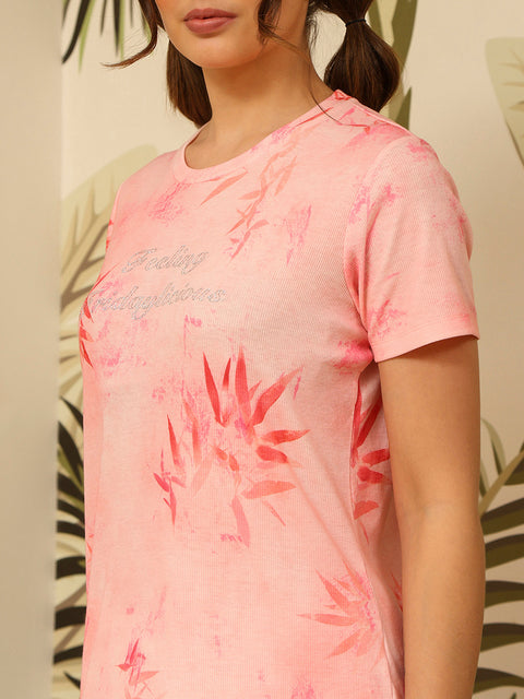 mSECRET Graphic Print Top and Straight Bottom Coral Nightsuit