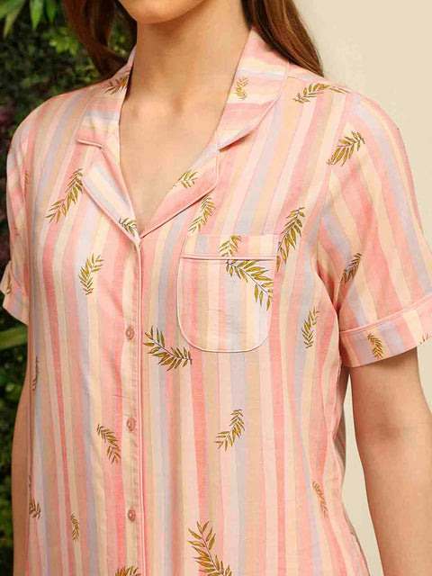mSECRET Rayon Striped and Bottom Peach Night Suit