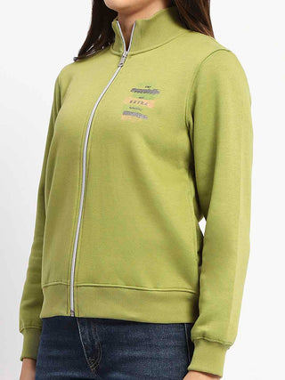 Madame Typography Print Zipped Olive Green Sweatshirt