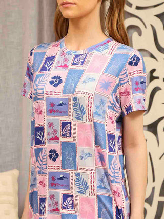 mSECRET Botanical Print Top and Solid Bottoms Pink Night Suit