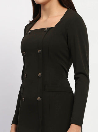 Madame Olive Green Double-Breasted Detailing Long Dress