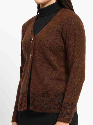 Madame Cable Knit Botanical Print Buttoned Brown Cardigan