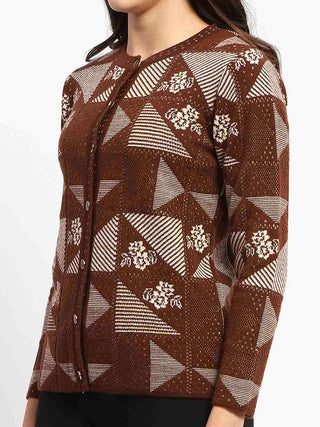 Madame Crew Neck Geometric Print Brown Cardigan