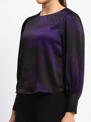 Madame Boat Neck Cuff Sleeve Abstract Print Black Top