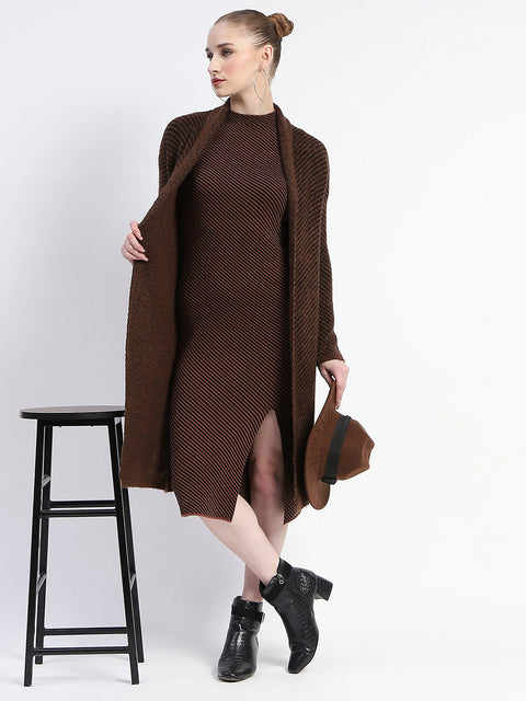Madame Diagonal Stripe Brown Shrug And Midi Dress Co-Ord Set