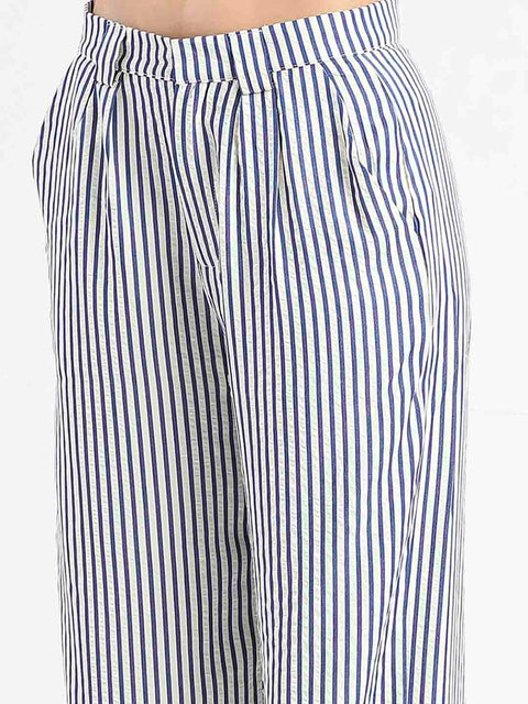 Madame Striped Wide Leg Viscose Blend Navy Blue Trousers