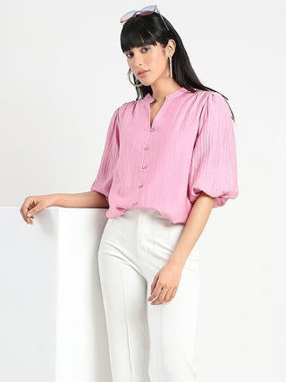 Madame Textured Ruffle Neck Rayon Blend Pink Top