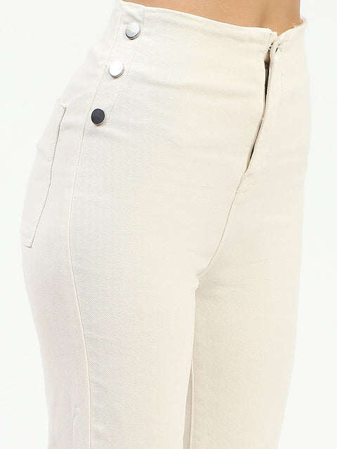 Madame Cotton Button Detailed Ivory Flared Denim