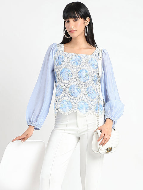 Madame Printed Powder Blue Tencel Blend Crochet Top