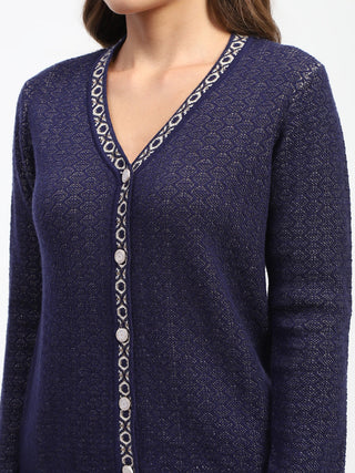 Madame Geometric Pattern V Neck Navy Blue Cardigan