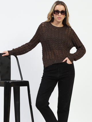 Madame Shimmer Detailed Crochet Crew Neck Knitted Coffee Brown Top