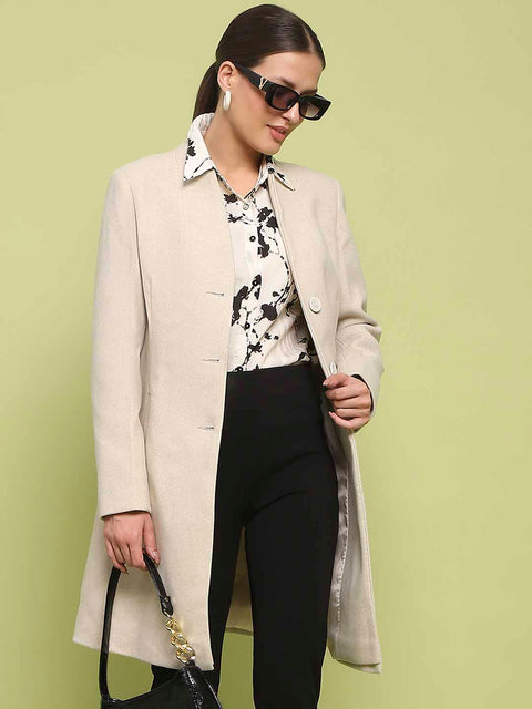 Madame Melange Side Inseam Pocketed Off White Long Coat