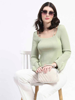 Madame Metal Accented Flounce Sleeve Mint Green Knit Top