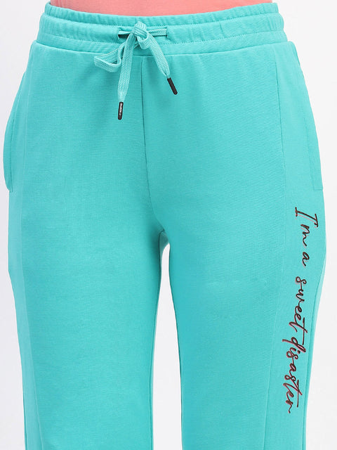 mSECRET Typography Print Front Slit Pleated Flared Green Track Bottoms