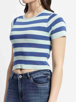 Madame Crew Neck Blue Striped Half Sleeve Crop Top