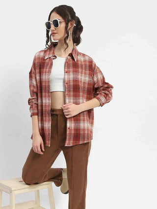 Madame Chequered Long Sleeved Cotton Brown Shirt
