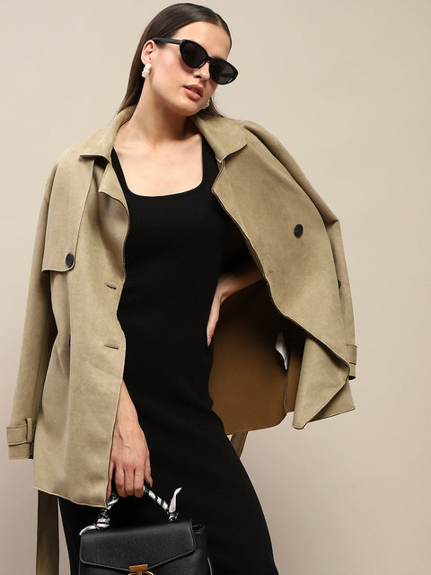 Madame Double Breasted Belted Solid Pista Green Trench Coat