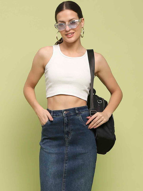 Madame Dark Blue Whiskered Cotton Midi Denim Skirt