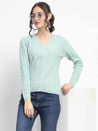 Madame Cable Knit Self Design Solid Mint Green Acrylic Cardigan