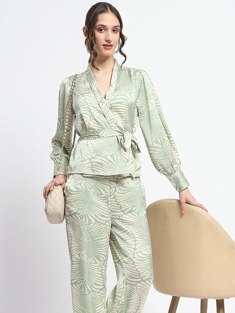 Madame Botanical Print Wrap Top and Bottom Beige Ensemble