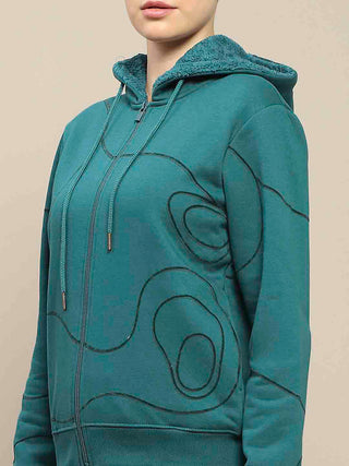 Madame Geometric Print Zipped Teal Hooded Sweatshirt