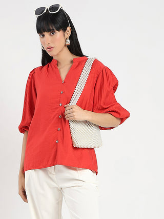 Madame Textured Ruffle Neck Rayon Blend Red Top