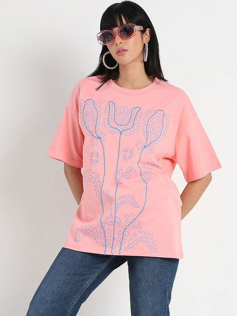 Madame Floral Print Oversize Fit  Peach Cotton T-shirt