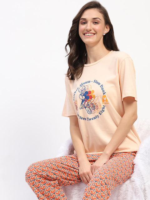 mSECRET Peach Mickey Mouse Graphic Tee and Geometric Print Cotton Nightsuit Set