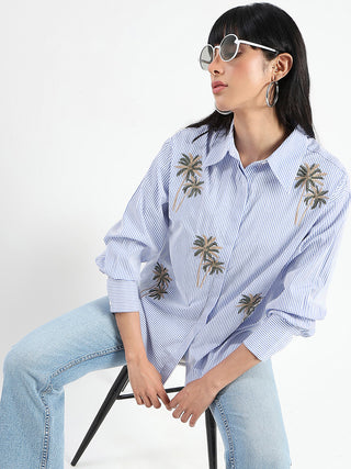Madame Striped with Placement Embroidery Blue Cotton Shirt