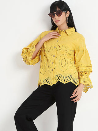 Madame Schiffli Mustard Yellow Cotton Shirt