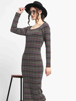 Madame Plaid Print Bodycon Multicolor Midi Dress