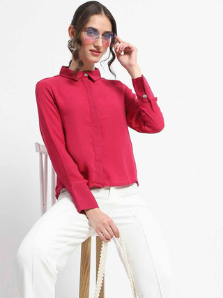 Madame Embellished Button Down Solid Hot Pink Shirt