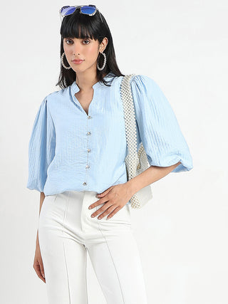 Madame Textured Ruffle Neck Rayon Blend Blue Top