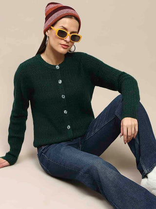 Madame Cable Knit Buttoned Bottle Green Cardigan