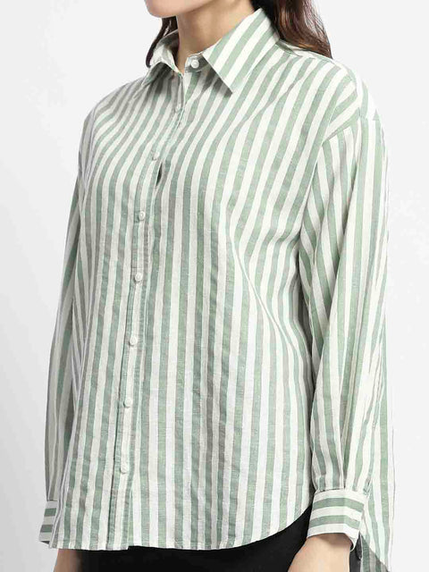 Madame Dusty Green And White Striped Regular Shirt
