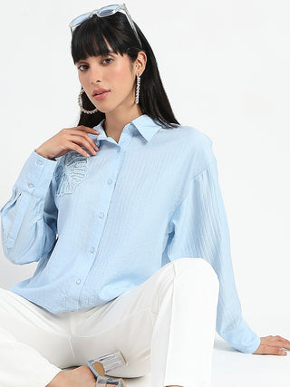Madame Botanical Embroidery Blue Rayon Blend Shirt