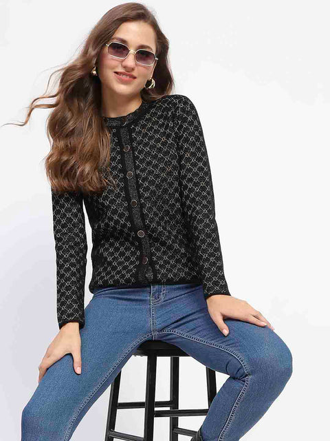 Madame Black Printed Buttoned Cardigan