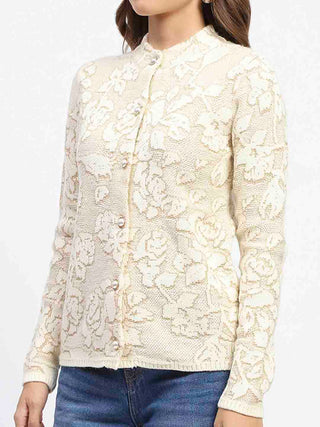 Madame Mock Neck Textured Beige Cardigan