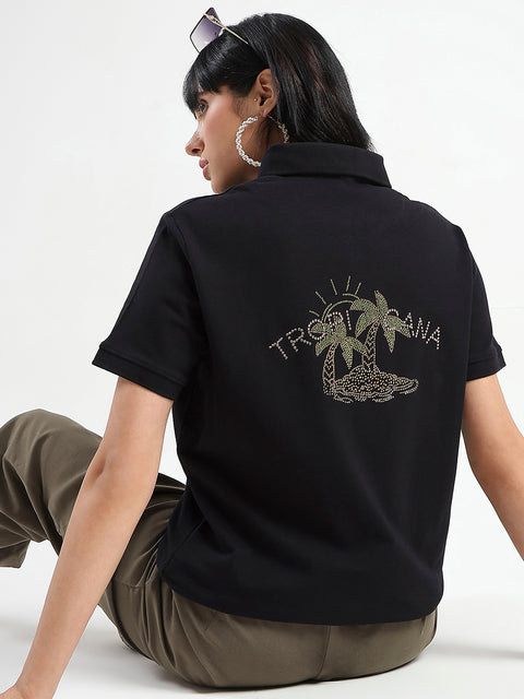 Madame Embellished Cotton Blend Black Polo T-shirt