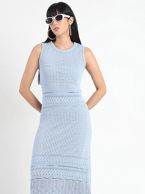 Madame Textured Panels Geometric Hem Sky Blue Maxi Dress