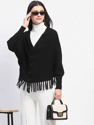 Madame Fringe Detailed Buttoned Solid Black Sweater