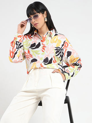 Madame Abstract Print Buttoned Off White Linen Shirt