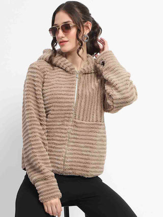 Madame Faux Fur Self Design Brown Sweatshirt