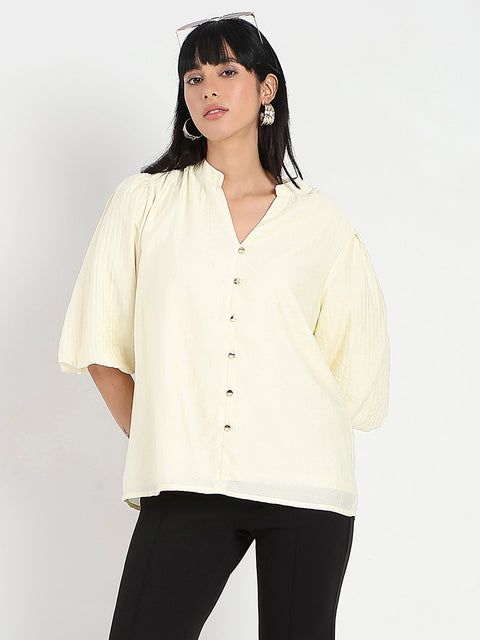 Madame Textured Ruffle Neck Rayon Blend Off White Top