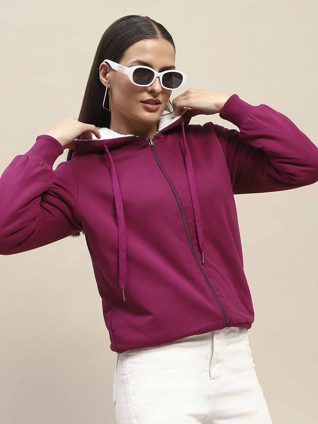 Madame Fur Hood Metal Detailed Plum Zipped Sweatshirt color swatch